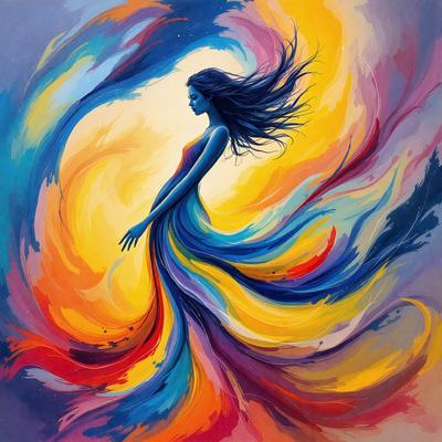 The primary subject of the image is a woman with long hair, dressed in a flowing dress. She is standing in front of a colorful background, which includes a mix of yellow, blue, and red hues. The visual style of the image is a painting, with the woman depicted as a colorful silhouette. The colors and mood of the painting evoke a sense of freedom and movement, as the woman's hair flows in the wind.